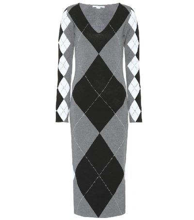 Stella Mccartney Long-sleeve Argyle Knit Sweaterdress, Gray Pattern In Grey