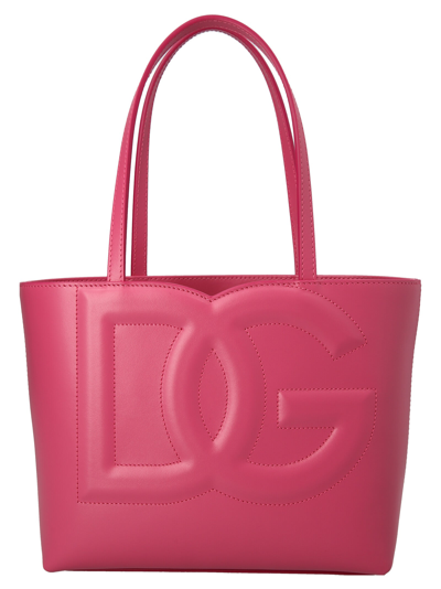 Dolce & Gabbana Small Dg Embossed Tote Bag In Calf Leather In Pink