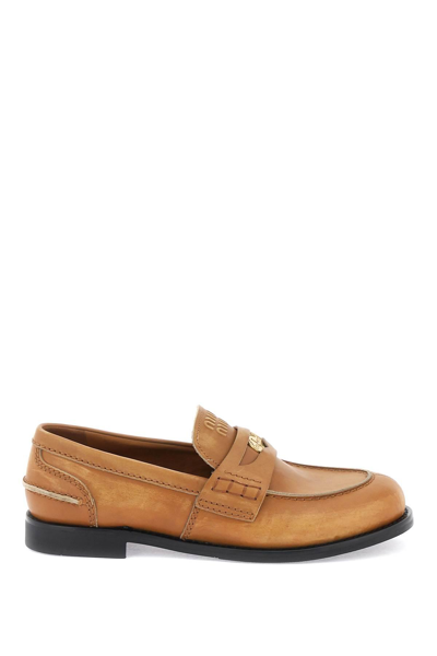 Miu Miu Used-effect Leather Loafers In Brown