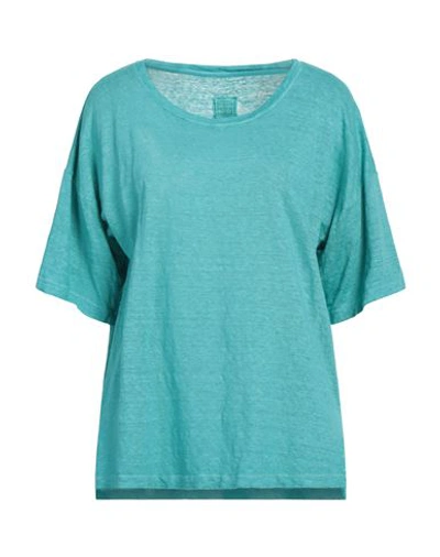 120% Lino Woman T-shirt Turquoise Size S Linen In Blue