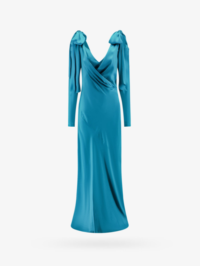 Alberta Ferretti Maxi Blue Dress With Cut-out And Surplice Neck In Satin  Woman In Green | ModeSens