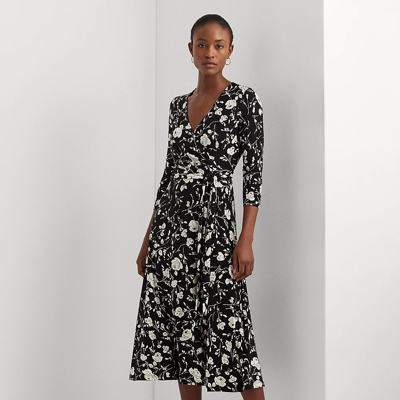 Lauren Petite Floral Surplice Jersey Dress In Black/cream