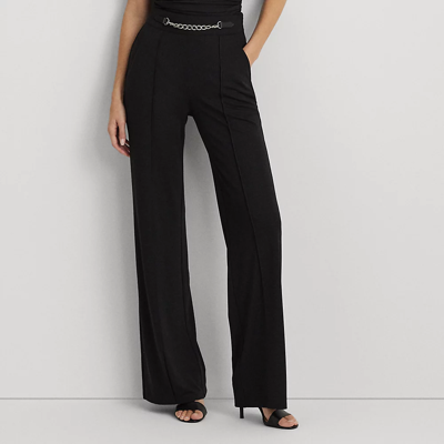 Lauren Petite Chain-trim Pleated Jersey Wide-leg Pant In Black