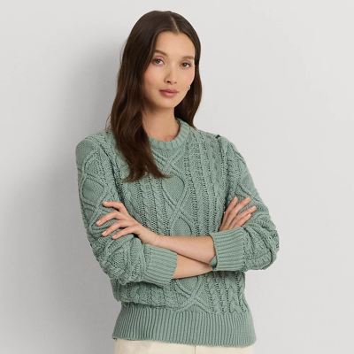 Lauren Petite Aran-knit Cotton-blend Crewneck Sweater In Soft Laurel