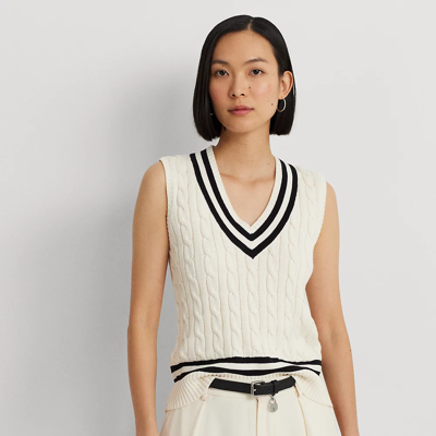 Lauren Petite Cable-knit Cotton Cricket Sweater Vest In Mascarpone Cream/black