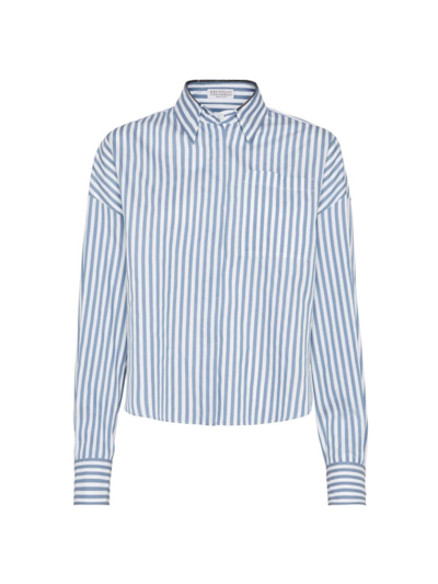 Brunello Cucinelli Striped Cotton And Silk Poplin Shirt In White