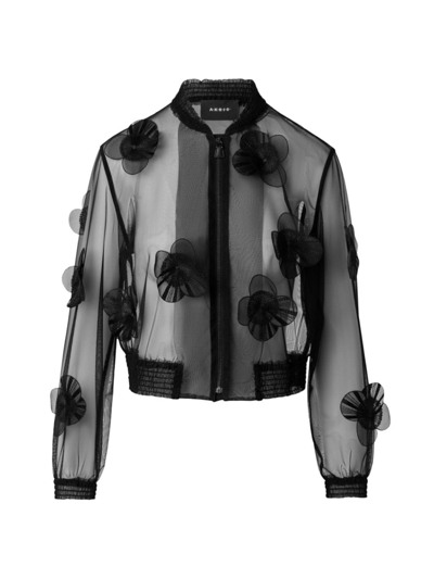 Akris Taide Tulle Bomber Jacket With Poppies Embellishment In Black