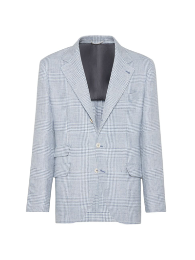 BRUNELLO CUCINELLI MEN'S LINEN, WOOL AND SILK PRINCE OF WALES DECONSTRUCTED CAVALLO BLAZER