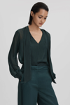 REISS LULA - GREEN SEMI SHEER SATIN TIE NECK BLOUSE, US 6