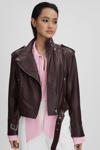 REISS MAEVE - BERRY CROPPED LEATHER BIKER JACKET, US 2