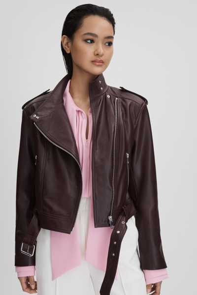 Reiss Maeve - Berry Cropped Leather Biker Jacket, Us 2