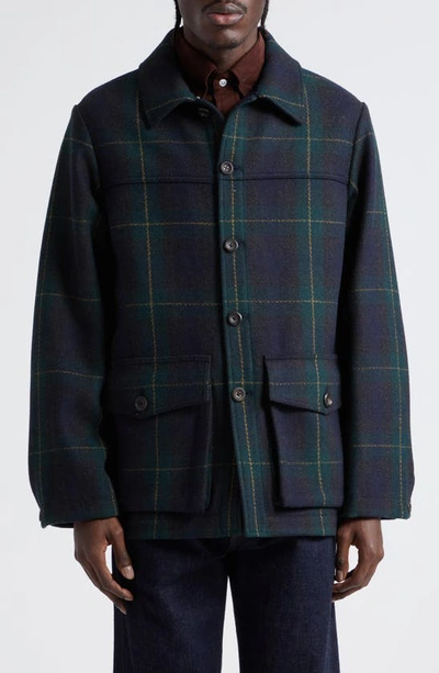 Drake's Johnson Check Melton Wool Donkey Chore Coat In Navy Check