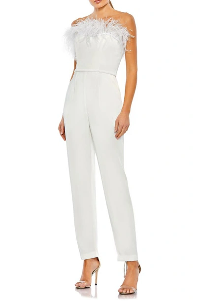 Ieena For Mac Duggal Feather Trim Strapless Jumpsuit In White