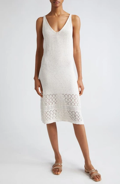 Eleventy Sequin Sleeveless Cotton & Linen Blend Pointelle Sweater Dress In White