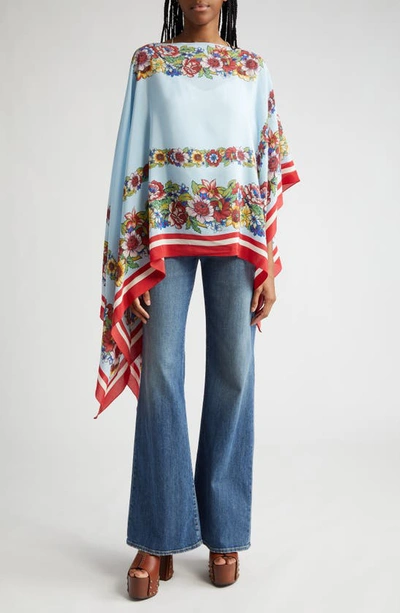 Etro Placed Floral Print Silk Poncho In Print On Pale Blue Base