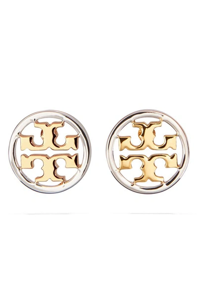 Tory Burch Circle Logo Stud Earrings In Tory Gold / Silver