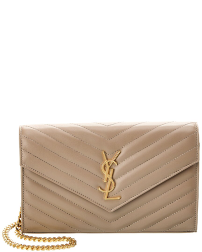 Saint Laurent Monogram Medium Matelasse Leather Wallet On Chain In Beige