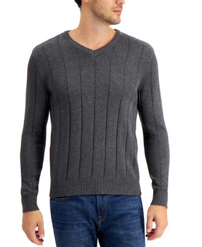 Club Room Men's Drop-needle V-neck Cotton Sweater, Created For Macy's In Charcoal Heather