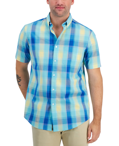 Club Room Men's Bacchi Regular-fit Stretch Plaid Button-down Poplin Shirt, Created For Macy's In Aqua Tourmaline