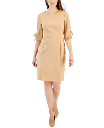 Connected Petite Tie-sleeve Scuba Crepe Sheath Dress In Taupe