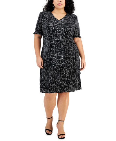 Connected Plus Size Pleated Dot-print Tiered Dress In Black