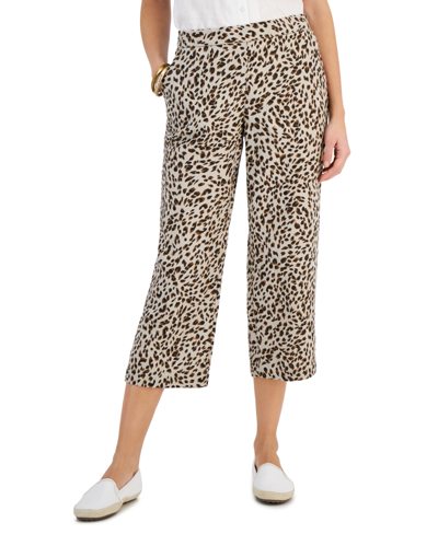 Charter Club Women's 100% Linen Printed Cropped Pull-on Pants, Created For Macy's In Flax Combo