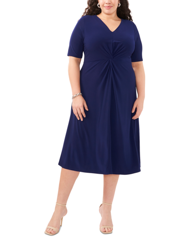 Msk Plus Size Twist-front V-neck Elbow-sleeve Midi Dress In Midnight