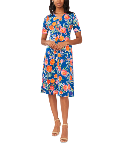 Msk Petite Floral-print Twist-front Midi Dress In Blue Multi
