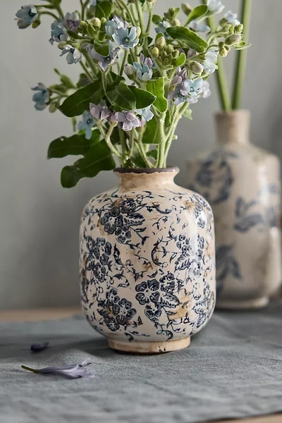 Terrain Blue Floral Ceramic Vase, Round In White