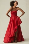Mac Duggal Strapless Ruched Asymmetrical Gown In Red