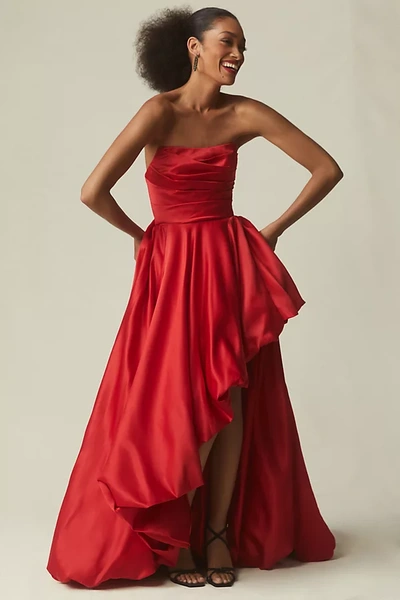 Mac Duggal Strapless Asymmetrical Maxi Dress In Red