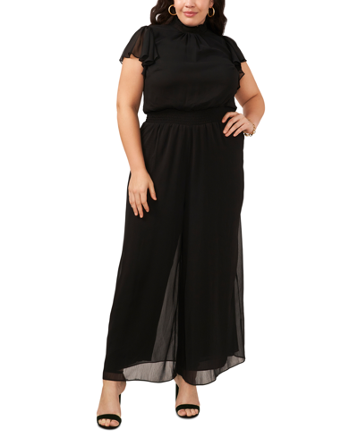 Msk Plus Size Chiffon Smocked-neck Flutter-sleeve Jumpsuit In Black