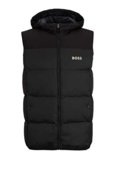 Hugo Boss Water-repellent Hooded Gilet With Logo Detail In Black