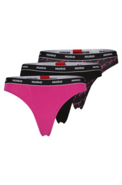 Hugo Three-pack Of Stretch-cotton Thongs With Logo Waistbands In Patterned