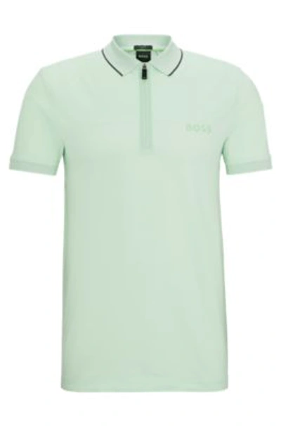 Hugo Boss Zip-neck Slim-fit Polo Shirt With Mesh Details In Light Green