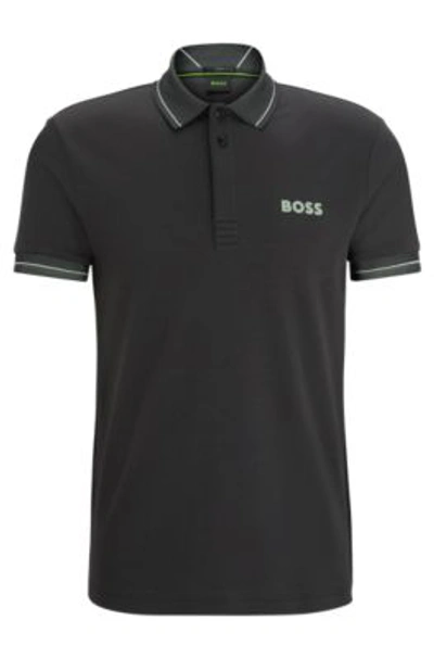 Hugo Boss Interlock-cotton Slim-fit Polo Shirt With Mesh Logo In Dark Grey