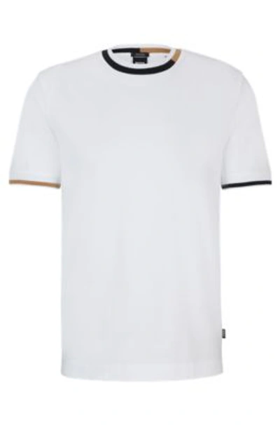 Hugo Boss Mercerized-cotton T-shirt With Signature-stripe Details In White