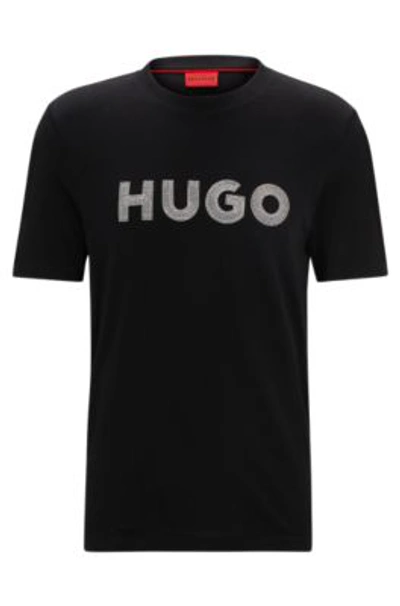 Hugo Cotton-jersey Regular-fit T-shirt With Crochet Logo In Black
