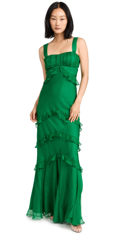 Saloni Chandra Ruffled Plissé Silk-georgette Maxi Dress In Emerald