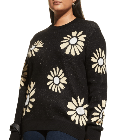 Minnie Rose Plus Size Cotton Cashmere All Over Daisy Crewneck Sweater In Black