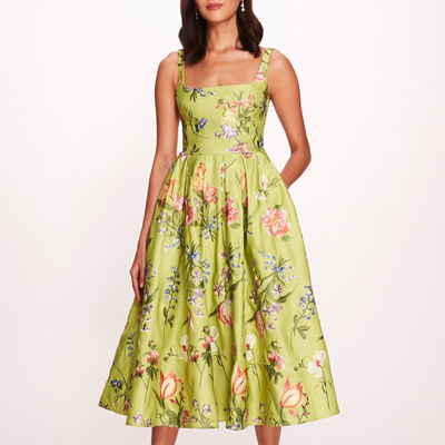 Marchesa Notte Alex Midi Dress In Lime Green