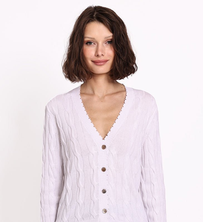 Minnie Rose Cotton Frayed Cable Cardigan In White