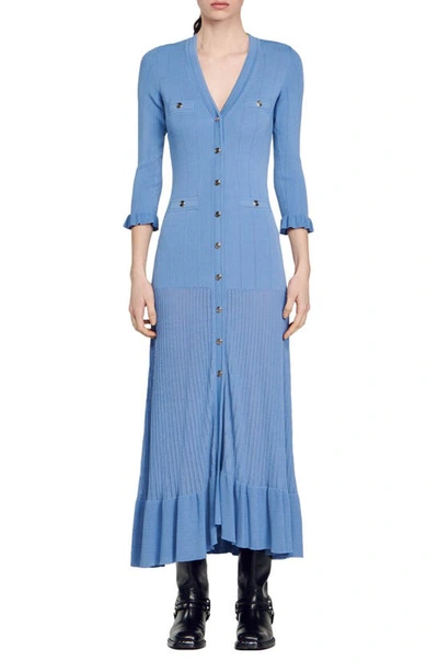 Sandro Womens Bleus Button-up Stretch-knit Midi Dress In Blue