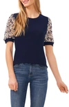 Cece Daisy Puff Sleeve Mix Media Top In Navy Blue Jay
