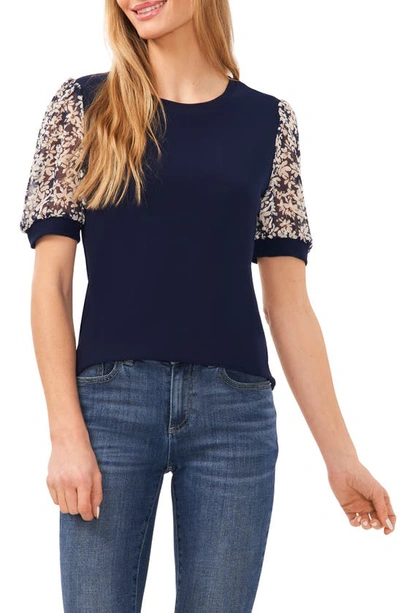 Cece Daisy Puff Sleeve Mix Media Top In Navy J