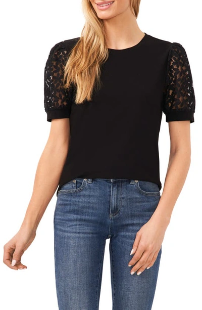 Cece Lace Puff Sleeve Knit Top In Rich Black