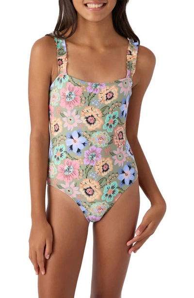 O'neill Kids' Talitha Floral Ruffle One-piece Swimsuit In Oil Green