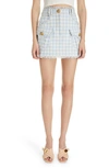 Balmain Button-embellished Frayed Gingham Cotton-blend Tweed Mini Skirt In White Blue