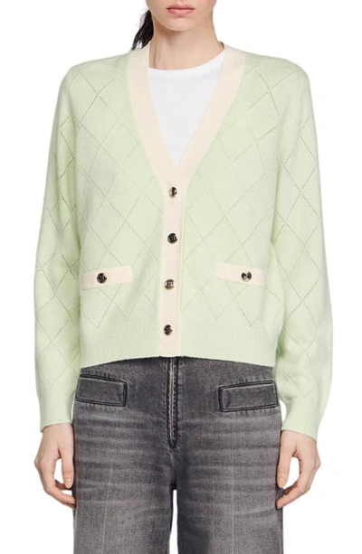 Sandro Almon Pointelle Pattern Wool Blend Cardigan In Vert Amande