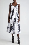 Alexander Mcqueen Womens Ink Floral-print Sweetheart-neck Cotton Midi Dress In Ink
